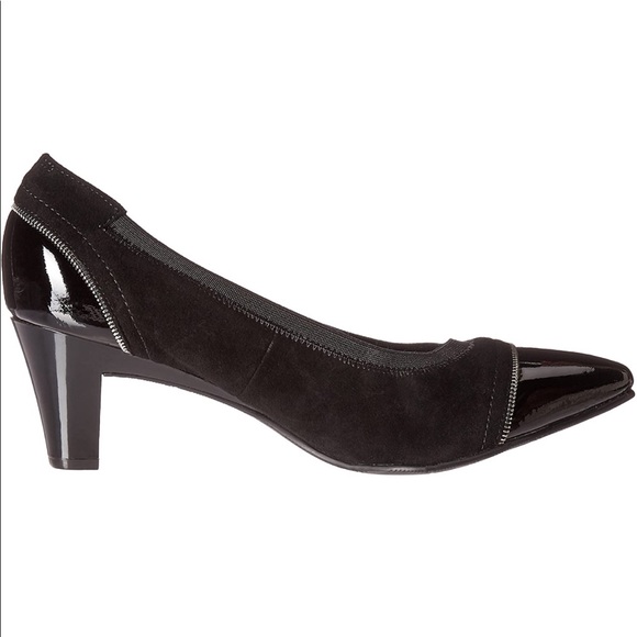 Walking Cradles black suede/patent leather heels with silver zipper detail. - Picture 2 of 14